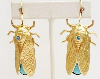 Cicada Earrings, Turquoise, Art Nouveau, Unique, Original