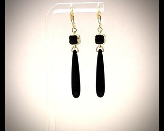Black Teardrop Earrings, 18kt gold Plated