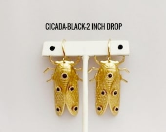 Cicada Earrings Onyx Black, Art Nouveau Brass with a light Patina, Handmade Original