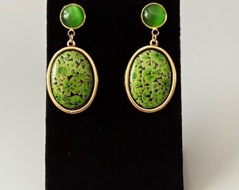Green Floral Earrings-Green Cats Eye Ear Post