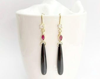 Onyx 18kt Gold Plate Teardrop Earrings with Ruby and Cubic Zirconia – 2 Inch Drop