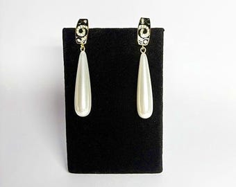 White Pearl Resin Teardrop Earrings-Black & White-CZ Ear Wires ORIGINALS