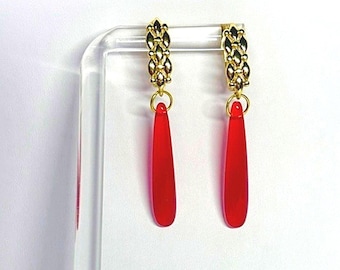 Red Teardrop Earrings.  18kt Gold Plate Ear wires, 2 inch drop