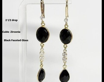 Onyx Black w Cubic Zirconia Earrings, 18kt Gold Plate Ear wire