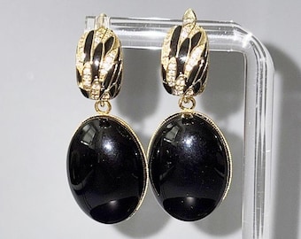 Onyx Onyx Black Oval Earrings, White Crystal Ear Wires, 18kt Gold Plate