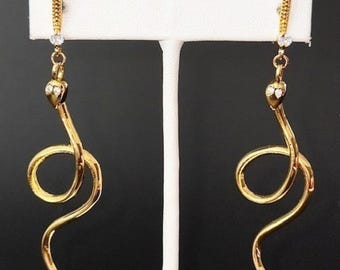 Snake / Serpent Earrings. Gold plated. Crystal Eyes