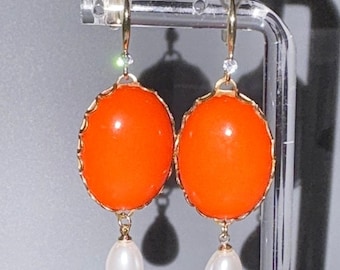 Coral Sun Earrings with white CZ on 18kt ear wires.  Unique