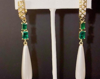 White Emerald CZ, Pearl Teardrop Earrings 18kt Gold Plate, UNIQUE