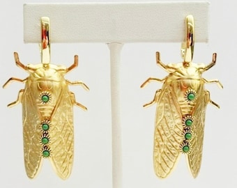 Cicada Earrings-Green Beads, 18kt Gold Plated-Handmade Originals