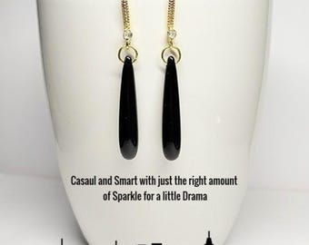 Teardrop Earrings, Black with Crystal, 18kt gold plated