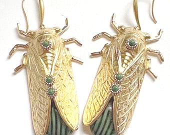 Cicada Earrings 18kt Gold Plated, Handmade– Green Stripe, One of a Kind - Original