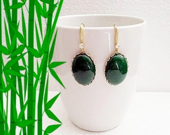 Cabochon Earrings, Jade Green, with Sparkel