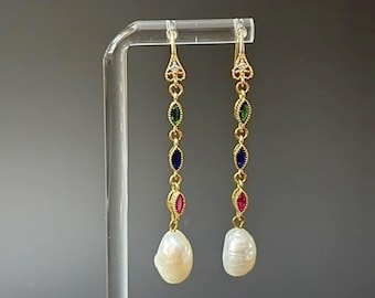 Pearl, Ruby, Sapphire, Emerald Drop Earrings-18kt Gold Plate, CZ's