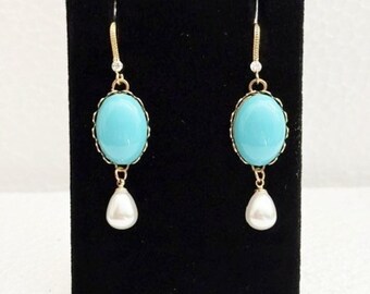 Turquoise and Pearl Earrings, 18kt Gold plate Ear Wire with CZ for Sparkle