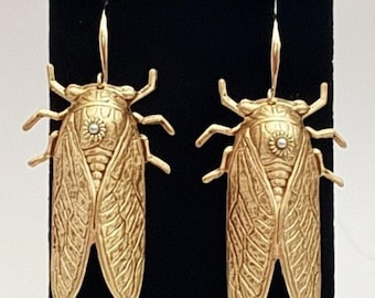 Cicada Earrings Silver Bead, Art Nouveau Brass with a light Patina, Handmade Original