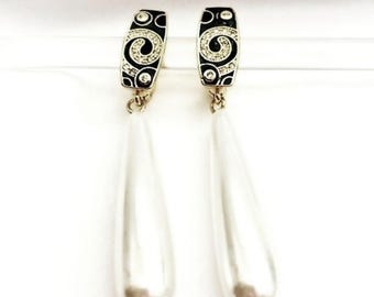 White Pearl Resin Teardrop Earrings-Black & White-CZ Ear Wires ORIGINALS