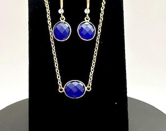 Blue Royal Minimal Set Necklace and Earrings, 18kt Gold Plate.