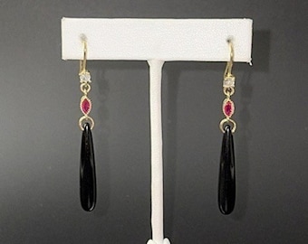 Onyx 18kt Gold Plate Teardrop Earrings with Ruby and Cubic Zirconia – 2 Inch Drop