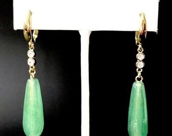 Teardrop Earrings, Green Agate-Cubic Zirconia-18kt Gold plate