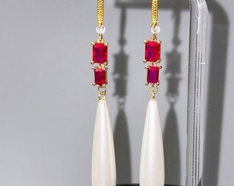 18kt Gold Plate Ruby CZ Pearl Teardrop Art Deco Earrings