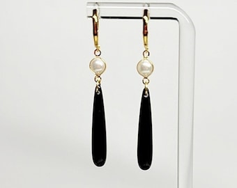 Black Teardrop Earrings with Pearl, 18kt Gold Plate