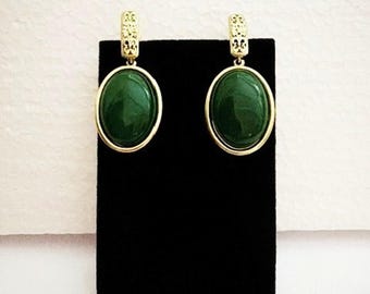 Jade Green Earrings, 18kt Gold Plate. A Touch of Drama.