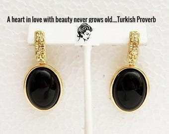 Onyx Black Earrings, 18kt Gold hinge back, 1 1/2"
