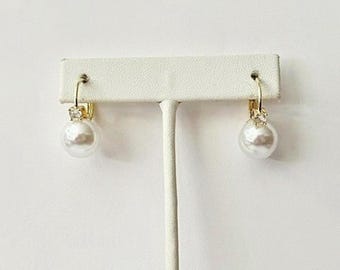 White Pearl Earring with CZ, 18kt Gold Plate, 12mm Pearl