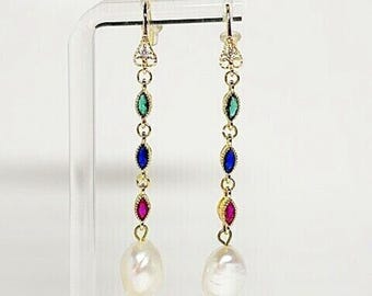 Pearl, Ruby, Sapphire, Emerald Drop Earrings-18kt Gold Plate, CZ's