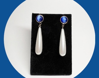 White Pearl Teardrop Earrings with Blue Cats Eye, 18kt Gold Plate Drop