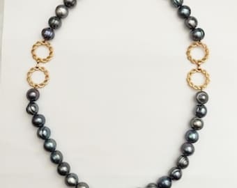 Black Peacock Genuine Pearl Necklace, 18kt Gold, Handmade Original. One of a kind