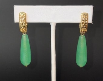 Green Agate Teardrop Earrings, 18kt Gold Plate -