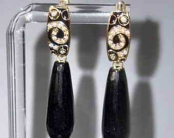 Onyx Black Teardrop Earrings, 18kt gold plate & CZ's - Art Deco , Unique