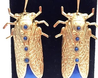 Cicada Earrings 18kt Gold Plated. Handmade – Blue, One of a Kind - Original