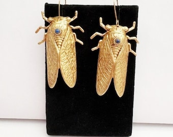 Cicada Earrings DARK BLUE, Art Nouveau Brass with a light Patina, Handmade Original