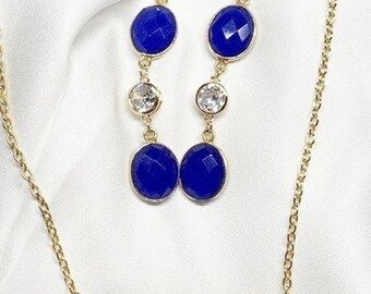 Blue Royal Minimal Set Necklace and Earrings, 18kt Gold Plate.