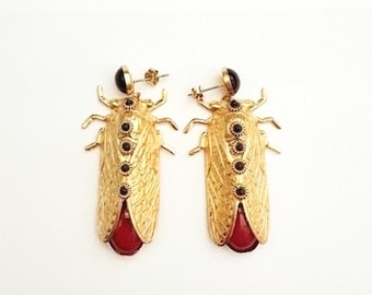Cicada Earrings 18kt Gold Plated. Red-Black, Handmade, One of a Kind Original