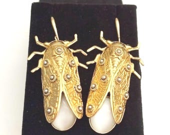 Cicada Earrings 18kt Gold Plated. White Silver, Handmade – One of a Kind - Original