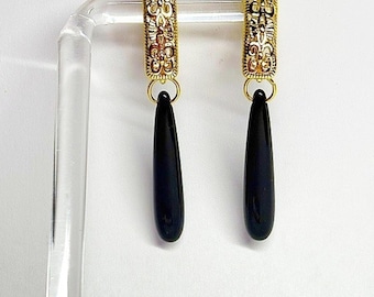 Black Teardrop Earrings with 18kt Gold Scroll Ear wire