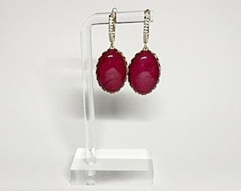 Magenta Cabochon Earrings, w/ Cubic Zirconia Hinge Back