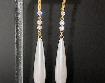 White Pearl Teardrop Earrings w 3 CZ's, 18kt Gold Plate. UNIQUE