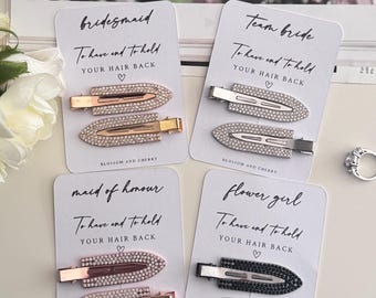 Personalized Bridesmaid Hair Clip Set: Creaseless Rhinestone Resin, Wedding Favor