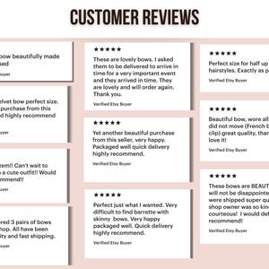 May include: A collection of customer reviews for hair bows. The reviews highlight the quality, size, and shipping speed of the bows. The reviews are all positive and mention that the bows are beautiful, well-made, and perfect for a variety of hairstyles.