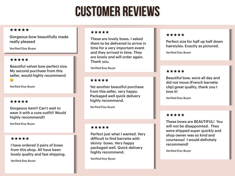 May include: A collection of customer reviews for hair bows. The reviews highlight the quality, size, and shipping speed of the bows. The reviews are all positive and mention that the bows are beautiful, well-made, and perfect for a variety of hairstyles.