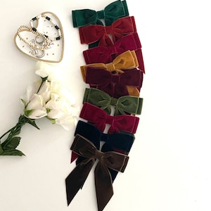 Può includere: Un set di dieci fiocchi per capelli in velluto in vari colori, tra cui verde, bordeaux, oro e marrone. I fiocchi sono disposti in una pila, con il fiocco più grande in basso e il fiocco più piccolo in alto.