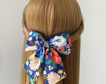 Blue Floral Hair Bow, Sailor Bow Clip, Vintage Blossom Fabric Hair Bow, Bow With Tail, Blue Hair Bow