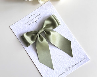Sage Green Satin Hair Bow: Handmade Bridesmaid Hair Clip