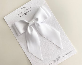 White Satin Short Tail Bow, Bridal Hair Bow, Satin Hair Bow, Satin Bow Hair Clip.