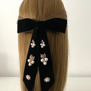 Jewelled Velvet Hair Bow, Velvet Long Tail Bow, Womens' Pearl Bow Clip, Velvet Hair Tie, Bow Hair Clip, Gift for her image 5