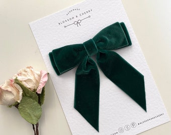 Laço de cabelo de veludo verde, laço de cabelo de veludo com cauda curta, presilha de laço de cabelo de veludo, laço verde elegante para mulheres, laço de dama de honra, presilha de cabelo com laço